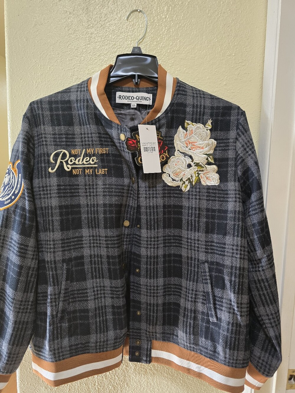 Rodeo Quincy Women’s Gray Plaid Bomber Jacket with Embroidered Roses